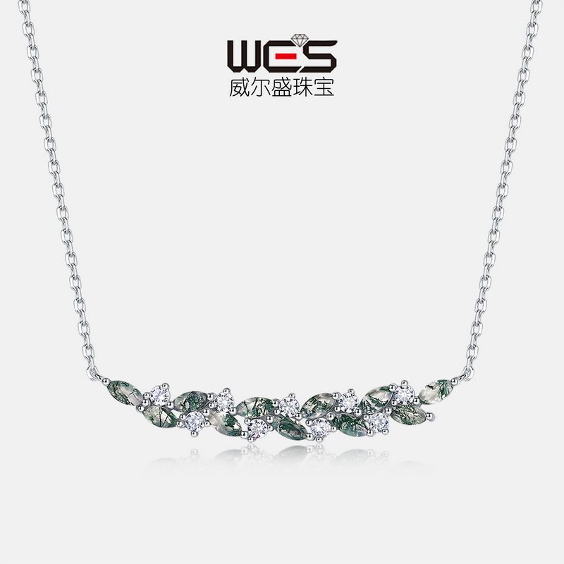 时尚天然水草玛瑙项链S925银渡18K金马眼绿苔藓锁骨链设计感气质