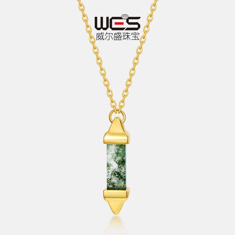 子弹头天然水草玛瑙项链S925银镀18K金镶彩宝宝石绿苔藓石锁骨链