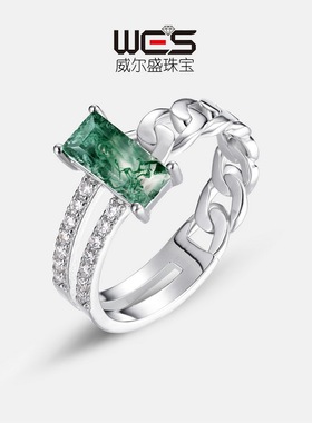 几何天然水草玛瑙链条戒指S925银镀18K金PT950铂金食指戒女