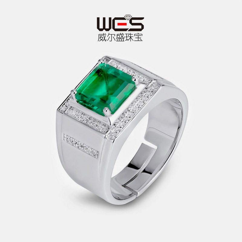 新款S925银镀18K金镶嵌彩宝宝石培育祖母绿戒指男士商务开口指戒
