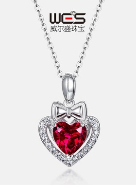新款轻奢绝美培育红宝爱心项链女S925银镀18K金镶彩宝宝石锁骨链