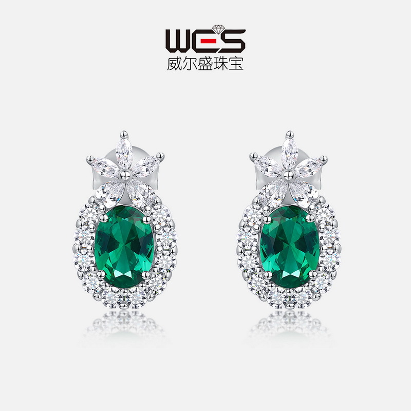 培育祖母绿耳钉女S925厚银镀18K金PT950铂金围镶马眼培育彩宝耳饰