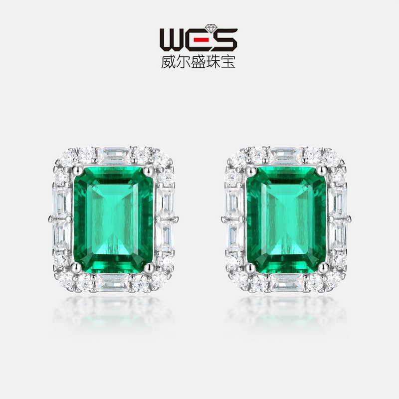 欧美几何时尚轻奢培育祖母绿耳钉女S925银镶嵌培育彩宝耳饰定制