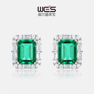 欧美几何时尚轻奢培育祖母绿耳钉女S925银镶嵌培育彩宝耳饰定制
