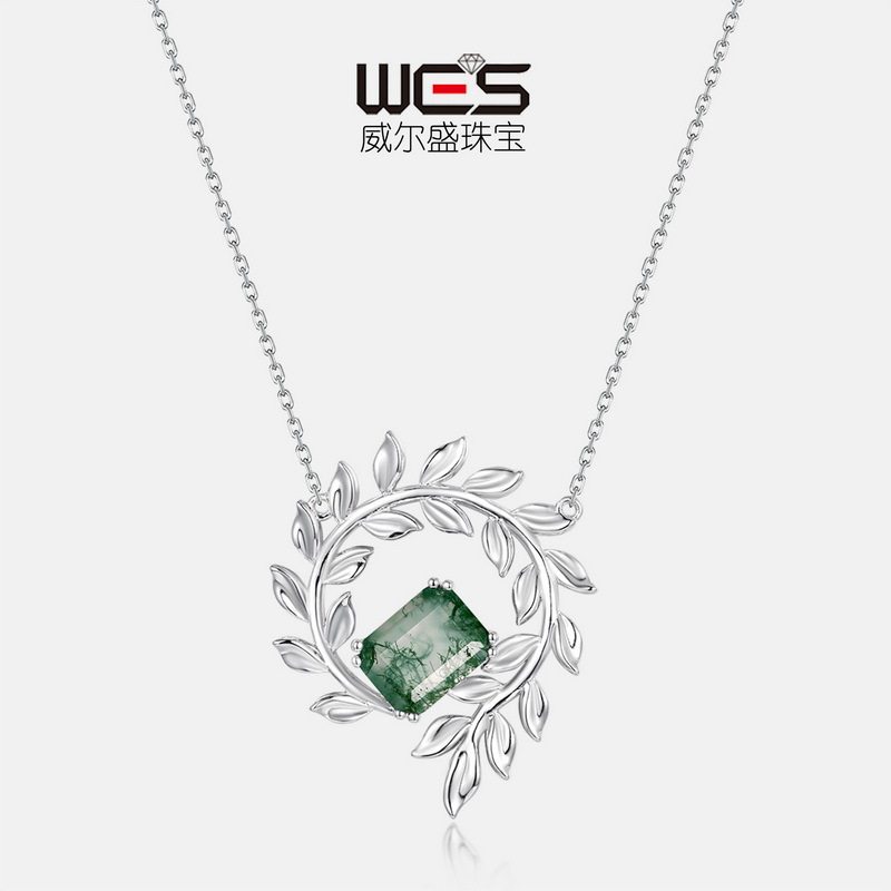 环形橄榄枝绿苔藓石吊坠S925银镀18K金PT950铂金水草玛瑙锁骨链