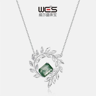 环形橄榄枝绿苔藓石吊坠S925银镀18K金PT950铂金水草玛瑙锁骨链