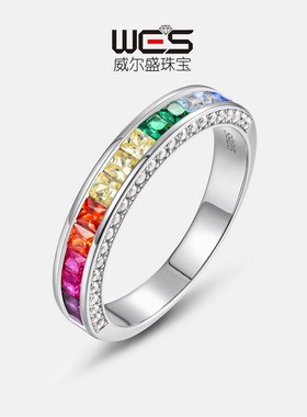 新款清新彩虹锆石戒指女S925银镀18K金镶多色彩宝宝石食指戒