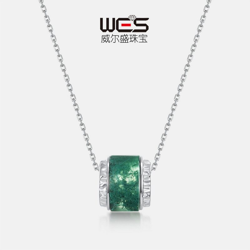 路路通天然水草玛瑙锁骨链S925银镀18K金绿苔藓石项链简约百搭