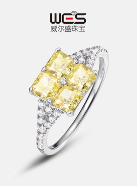 S925银镀18K金镶嵌彩宝宝石鹅黄高碳钻戒指女冰花切爆闪黄钻指戒