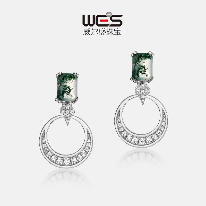 欧美S925银镀18K金彩宝宝石绿苔藓石耳环水草玛瑙轻奢耳坠高贵风