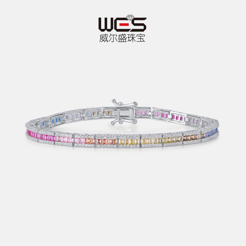新款单排璀璨彩锆手链女S925银镀18K金镶七色彩虹彩宝宝石手饰风