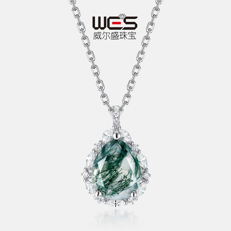 新品S925银镀18K金绿苔藓吊坠女锁骨项链水草玛瑙项坠彩宝宝石