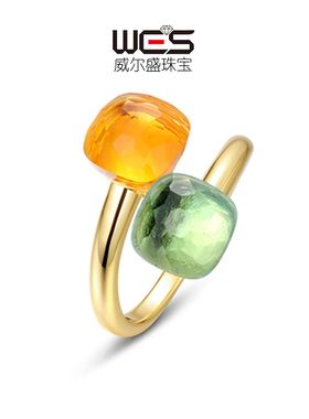 欧美糖果彩宝戒指女S925银镀18K金镶嵌彩宝宝石开口指戒轻奢个性