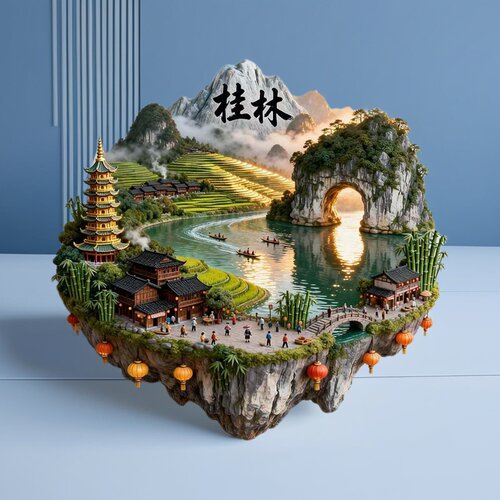 桂林山水金属冰箱贴中国风古建筑