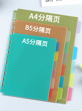 6色装分页纸A4活页本通用型30孔4孔11孔索引页PP塑料分隔页B5分隔板26孔9孔2孔活页隔页板标签索引卡A5分隔页