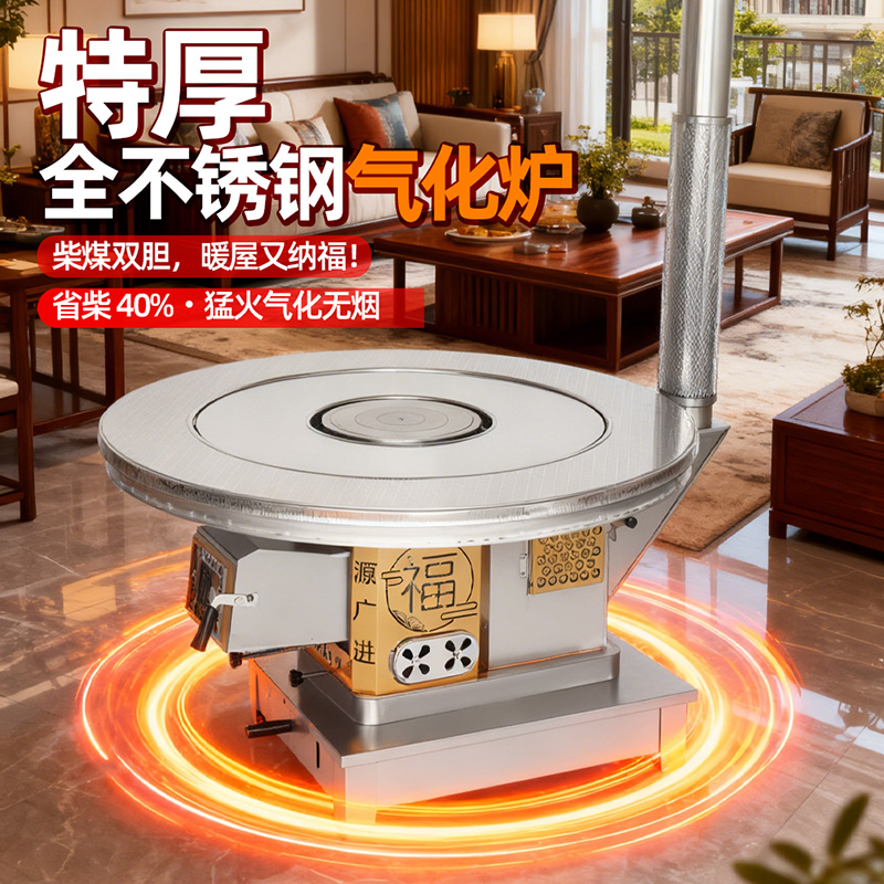 新款高端不锈钢气化炉农村室内家用取暖柴煤两用烤火炉无烟柴火炉