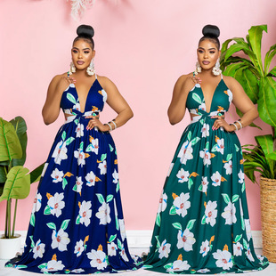 Fashion V-neck open back printed dress 时尚V领露背印花连衣裙