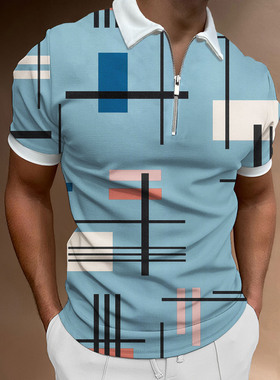 3D printed lapel slim fitting short sleeves 印花翻领修身短袖