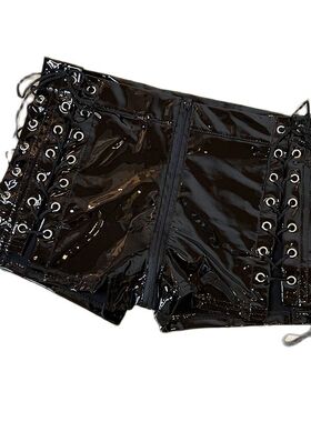 Sexy Zipper Lacquer Leather Strap Shorts性感拉链漆皮绑带短裤