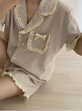 Simple checked short sleeve pajama suit 简约格子短袖睡衣套装