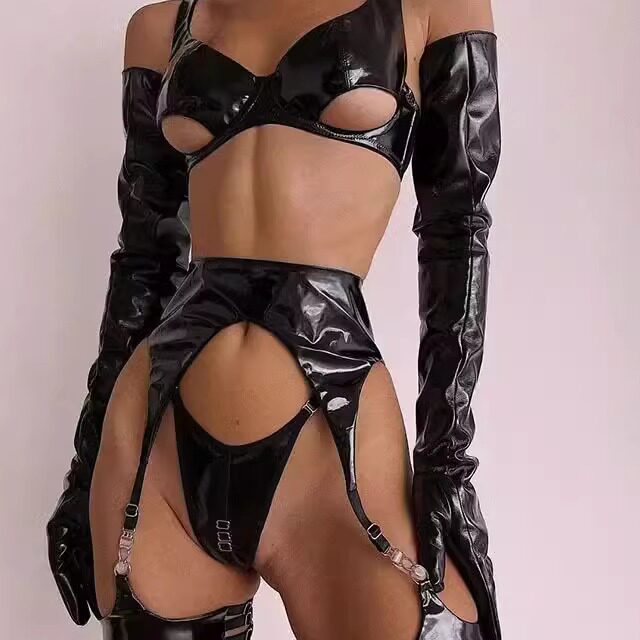 Fashion Splicing Lacquer Underwear Set时尚拼接漆皮内衣套装女