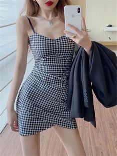 plaid fit slim Sexy 格子连衣裙女士 camisole dress性感吊带修身