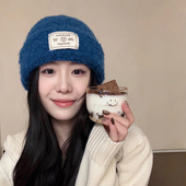 韩国蓝针织帽子女2025新款 冬季 加厚保暖毛线帽护耳大头围毛绒冷帽