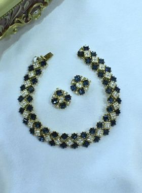 【任四月复古首饰】Attwood Sawyer英国蓝白莱茵石手链耳夹套装