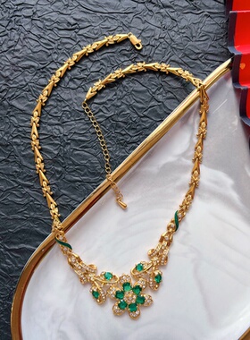 【任四月中古首饰】JBK绿色莱茵石花朵项链 Vintage中古首饰