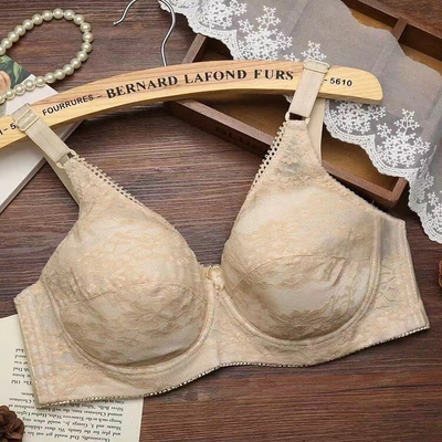 红豆无海绵薄款内衣大胸显小蕾丝文胸透气性感聚拢D杯大码全女士