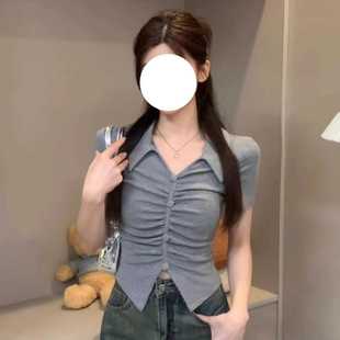 显瘦正肩上衣潮 大码 胖mm收腰褶皱polo领短袖 T恤女夏季 不规则修身