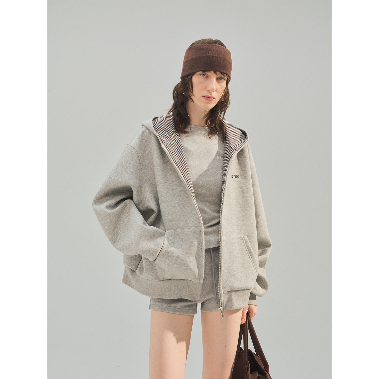 icree美式灰色格子卫衣外套女 春秋新款宽松连帽拉链开衫慵懒上衣