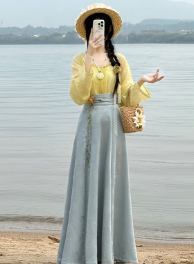 花琅阁原创汉服唐制天丝圆领衫提花八破裙新中式半臂夏季轻盈舒适