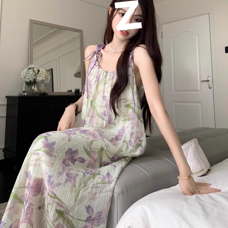 【双层内里】夏季新款女装垂坠感紫色碎花吊带裙雪纺连衣裙中长裙