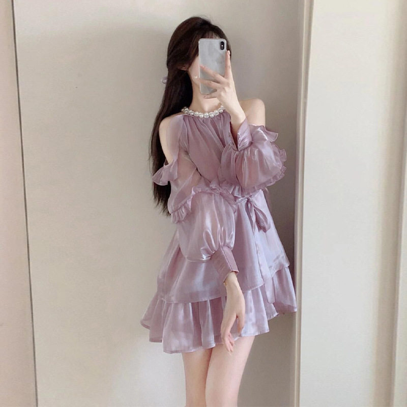 高端精致缎面露肩连衣裙女夏超好看珍珠生日小礼服仙女绝美小裙子