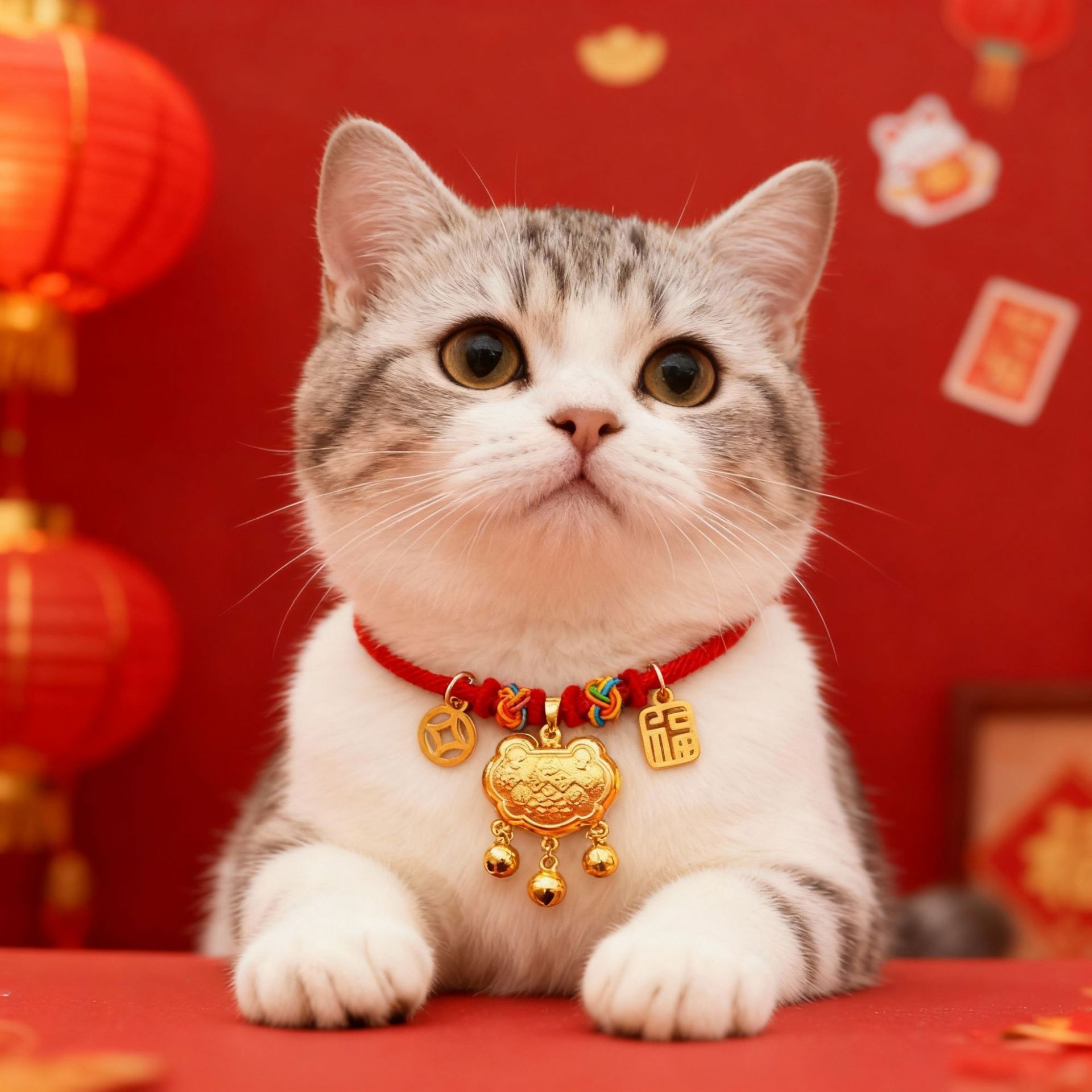 宠物新年保色长命锁项圈春节猫咪狗金色项链红色装饰品铃铛平安锁