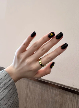 短款纯手工穿戴甲黑色黄星星撞色简约甜酷辣妹黑色气质美甲穿戴甲