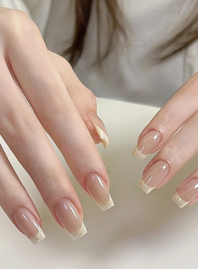 法式手工穿戴甲中长款轻奢高级显白裸甲定制冰透裸色美甲贴片成品