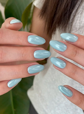 海莉款baby蓝色气质穿戴甲欧美显白蓝色椭圆手工美甲日常百搭成品