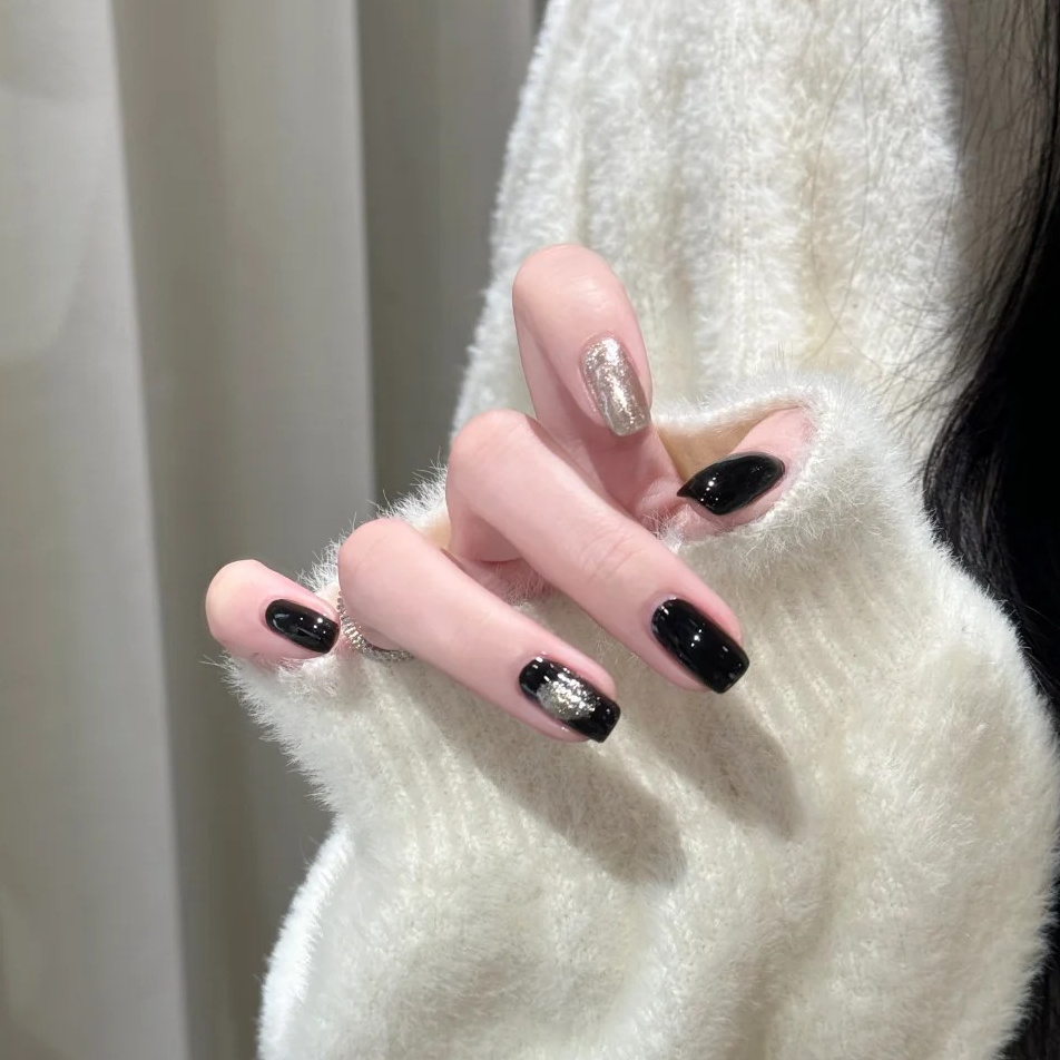 中长款黑色跳色手工穿戴甲气质