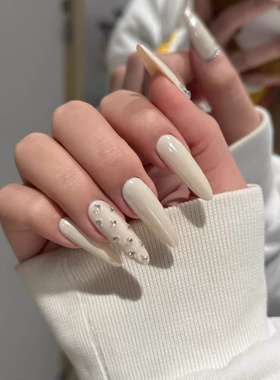 海莉同款白色极光穿戴甲欧美辣妹中长款碎钻美甲高级ins小众假甲