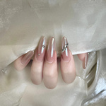 海莉同款纯手工穿戴甲中长款月光白极光裸甲高级气质冰透美甲贴片