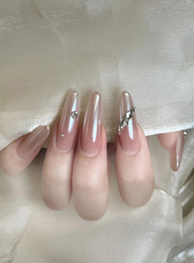 海莉同款纯手工穿戴甲中长款月光白极光裸甲高级气质冰透美甲贴片