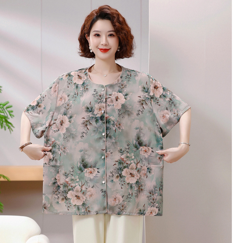 大码衬衫妈妈夏装奶奶短袖T恤上衣中老年国风中式洋气小衫衣服女