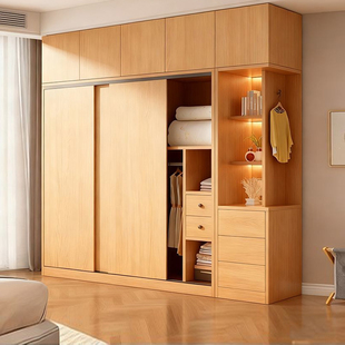 全实木衣柜家用卧室北欧原木大容量储物柜子现代简约衣橱收纳柜子