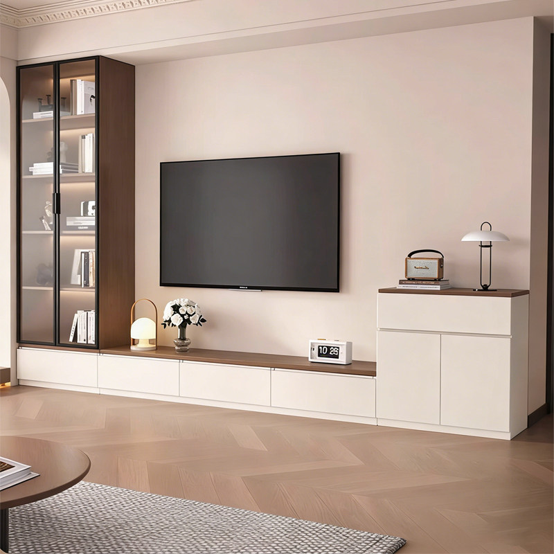 实木电视柜落地收纳储物柜一体客厅靠墙多功能落地柜定制电视机柜