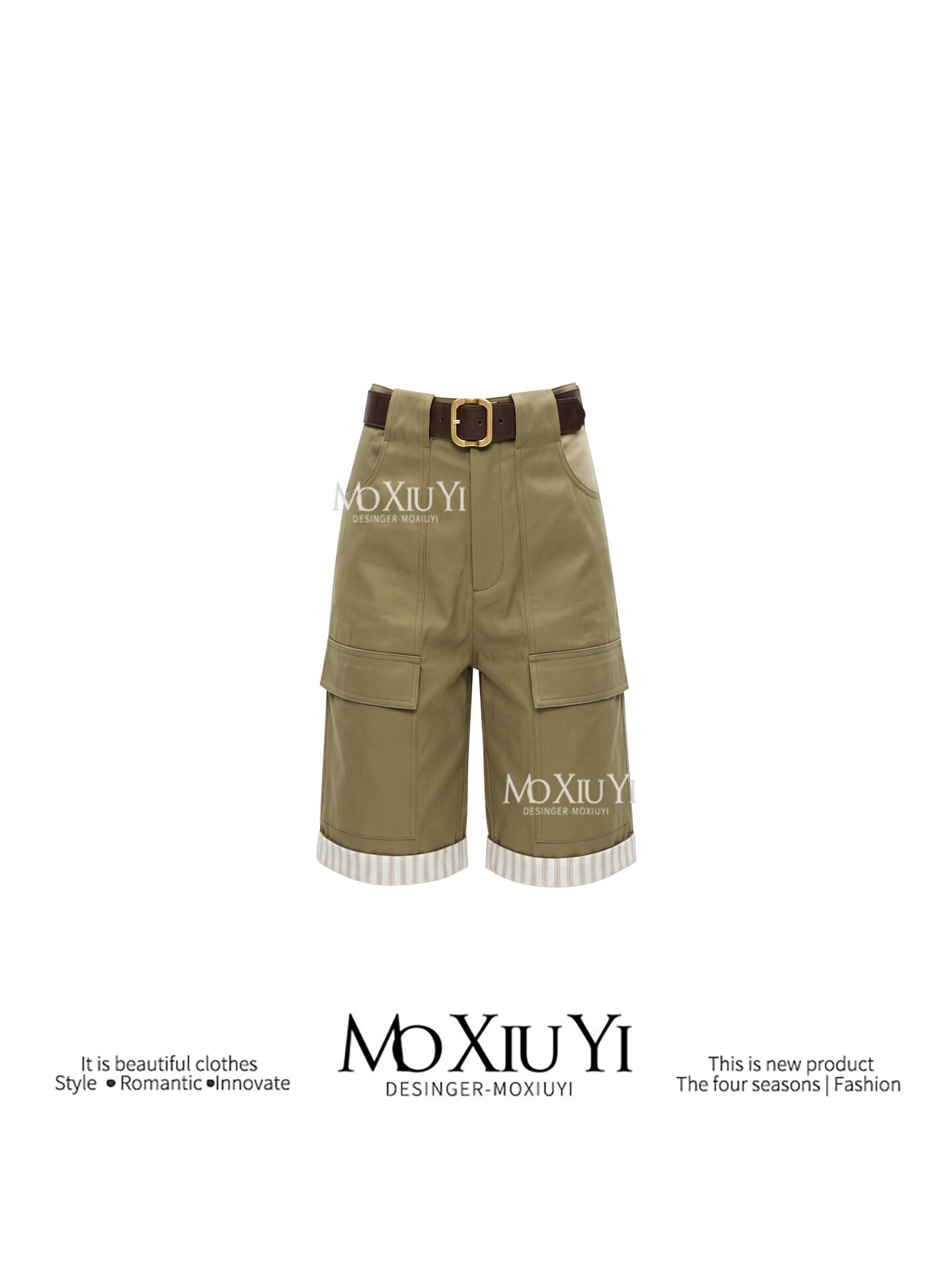 MoXiuYi 自带腰带 雅痞条纹拼接中裤女低腰miu系休闲裤子