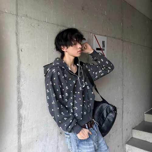 星星小恶魔绗缝感印花连帽卫衣cleanfit短宽复古轻亚百搭男女外套