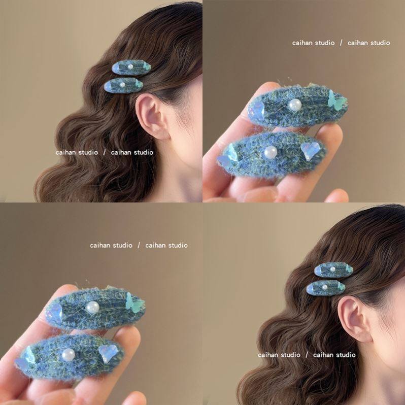 甜美可爱！蝴蝶蝴珍珠发夹！女边夹侧边夹彩色毛线无痕刘海夹发卡