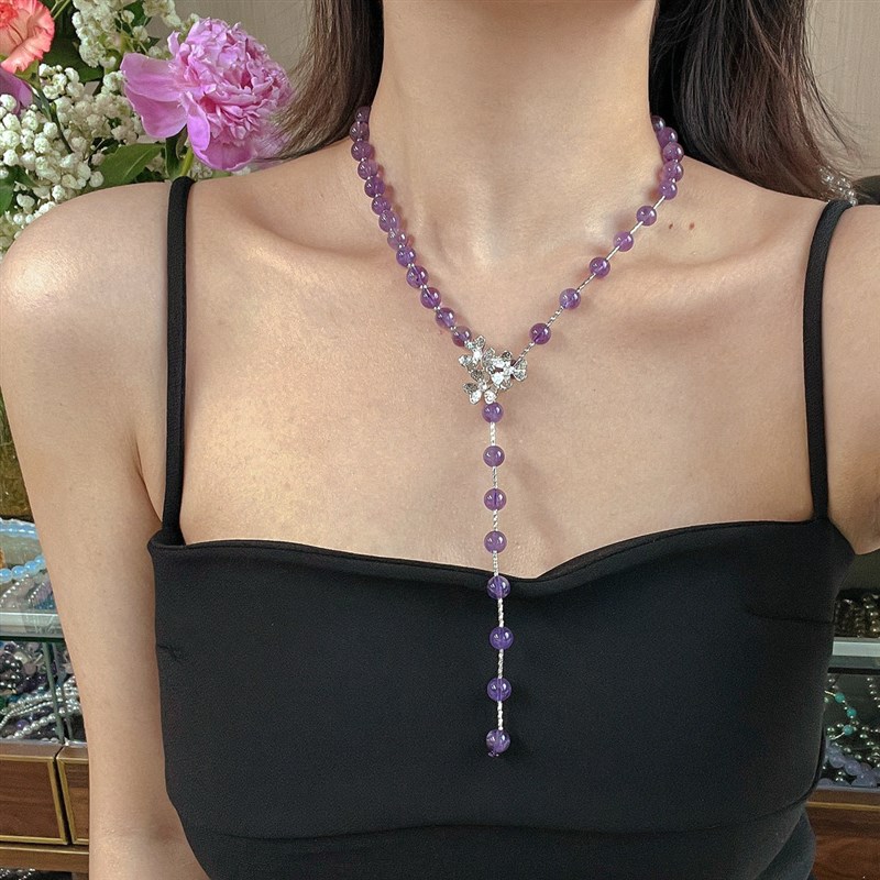 扣子可调节长度 多种戴法天然紫水晶项链长款小众水晶毛衣链礼物